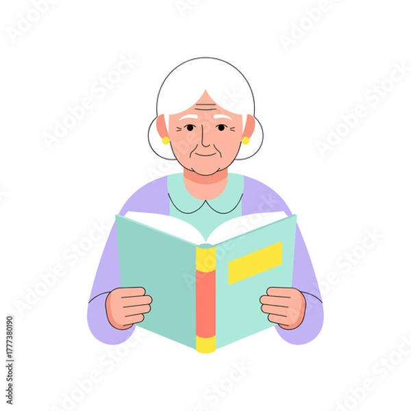 Fototapeta Elderly woman reading a book with calm expression indoors  