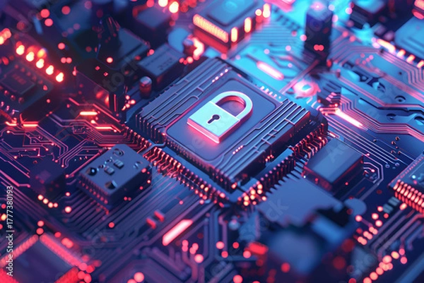 Fototapeta Cyberbezpieczeństwo i ochrona danych – zamknięta kłódka na procesorze jako symbol bezpieczeństwa technologii i sieci