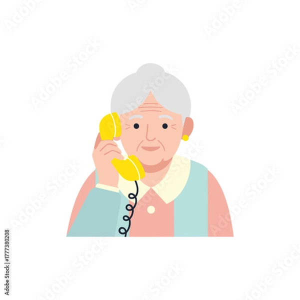 Fototapeta Elderly woman talking on yellow telephone with soft expression  