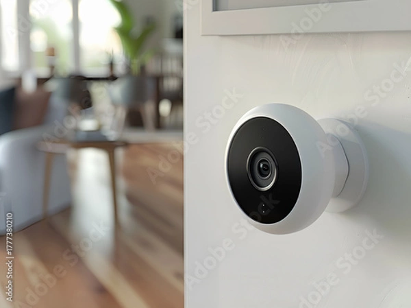 Fototapeta Nowoczesna inteligentna kamera bezpieczeństwa wewnątrz domu – system monitoringu i ochrona mienia w inteligentnym wnętrzu.