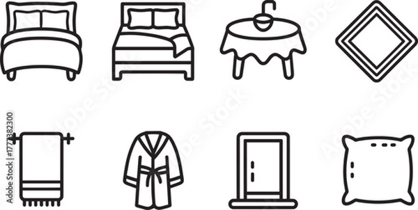 Obraz Home textile icons set Household linen items bedding bath kitchen black line art symbols