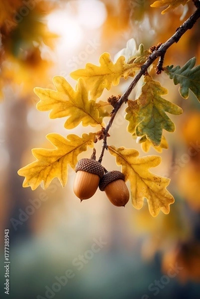 Fototapeta Autumn oak branch with golden yellow leaves and acorns close up on soft blurred background, fall season nature macro photography