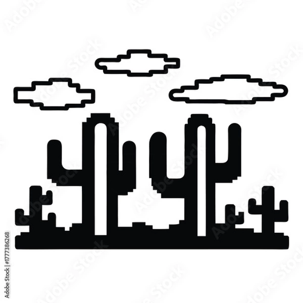 Fototapeta Pixelated Cactus & Clouds Silhouette, Desert Landscape on White Background