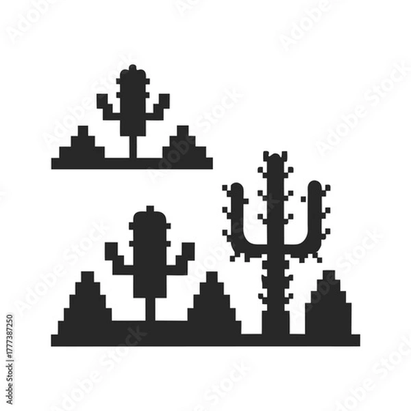 Fototapeta Pixelated Cactus Set on White Background in Silhouette Style Desert Plants
