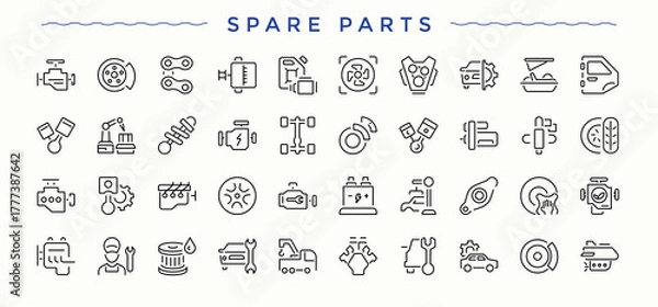 Fototapeta Spare Parts icon set. Automotive minimal thin line web icons set. Minimalist editable vector stroke. Car modern icon set. Vector illustration.