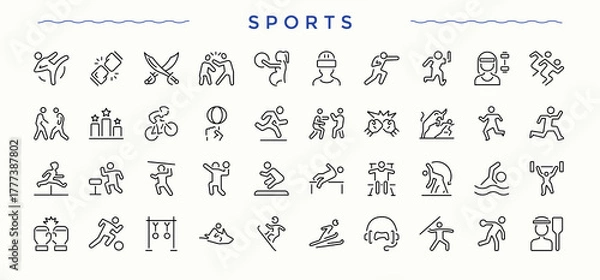 Obraz Sports modern icon set. Featuring game, gym, exercise, competition, fitness, athletics and more. Competition icon set. Icons for website. Editable stroke. Vector illustration.