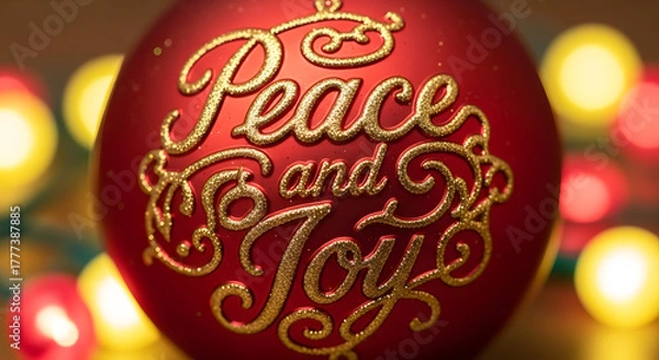Fototapeta Peace and joy on a red Christmas ornament with festive lettering and string lights, conveying seasonal cheer. Peace and joy design for holiday decorations and heartfelt messages.