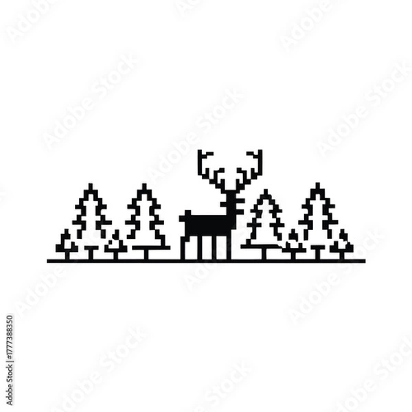 Fototapeta Pixelated Deer Silhouette with Forest Trees on White Background