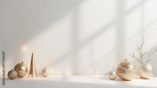 Obraz Minimal Elegant Christmas Background with Metallic Ornaments, AI-Generated Digital Art