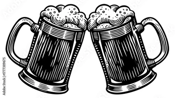 Obraz Very beautiful hand-drawn sketch illustration of two beer mugs clinking together with frothy foam spilling over, detailed vintage engraving style vector artwork.