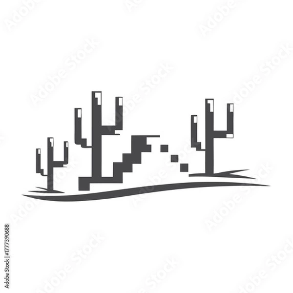 Fototapeta Pixelated Desert Landscape with Cactus Silhouette and White Background