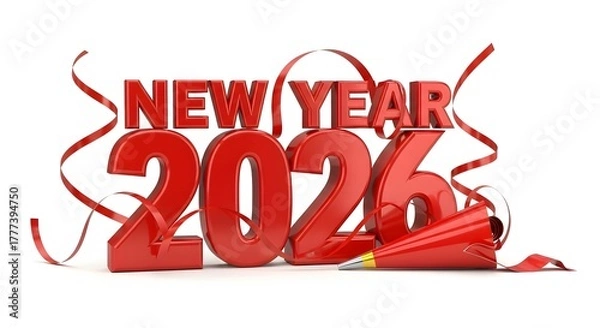 Fototapeta Bold red new year 2026 text with party streamers and horn