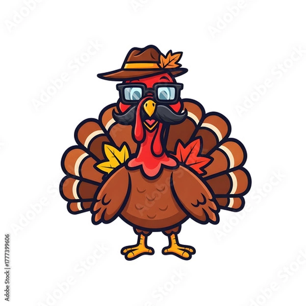Fototapeta Hipster Thanksgiving Turkey Cartoon with Hat and Mustache – Transparent PNG for Festive Designs