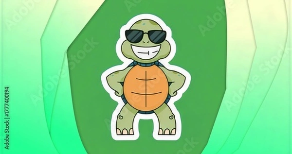 Fototapeta Sporting cartoon turtle sticker posing on green gradient background, with sunglasses, white border