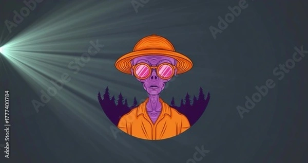 Obraz Showing alien wearing pink glasses and orange hat and shirt in circular forest, casting teal beams