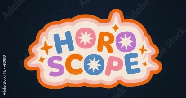 Fototapeta Floating stylized text reading HOROSCOPE on dark navy backdrop, with embedded starbursts and icons