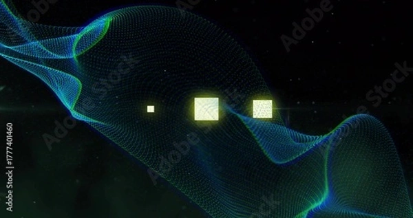 Fototapeta Floating three glowing yellow squares oscillating above neon-green blue wave mesh in abstract void