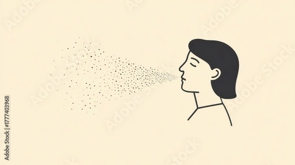 Fototapeta A side profile illustration of a human face in minimal style with dust and air pollution particles floating toward the nose and mouth, symbolizing respiratory harm.