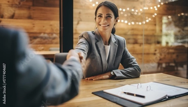 Obraz Smiling businesswoman shaking hands with client over wooden table and documents, concept for partnership agreement, business negotiation and job recruitment process