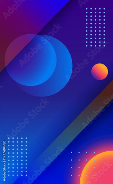 Obraz Futuristic abstract background with blue and orange gradient circles, geometric lines, and glowing dots, ideal for digital design or modern posters.