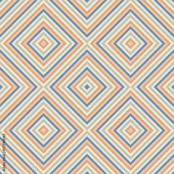 Fototapeta Seamless geometric pattern featuring concentric diamond shapes in soft pastel shades of blue, orange, and beige. Ideal for textile prints, wallpapers, wrapping paper