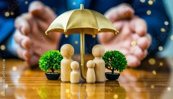 Obraz Wooden family figurines and plants under a gold umbrella with hands in background on wooden table. Concept for family protection, financial security and insurance coverage