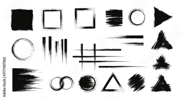 Fototapeta Grunge shapes in black ink squares circles triangles lines and messy forms on a white background