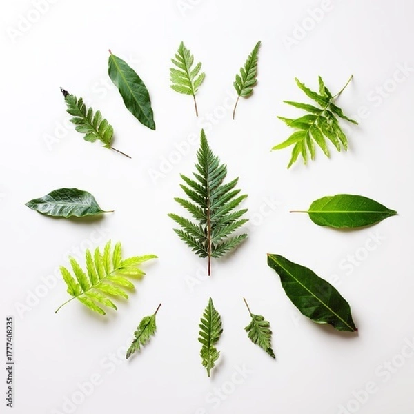 Fototapeta さまざまなシダの葉を平らな面に配置し、中央の葉を他の葉で囲み、自然な緑の色と質感を表現しています。