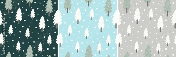 Fototapeta Scandinavian Winter Forest Seamless Pattern Set. Hygge Minimalist Christmas Tree Background.