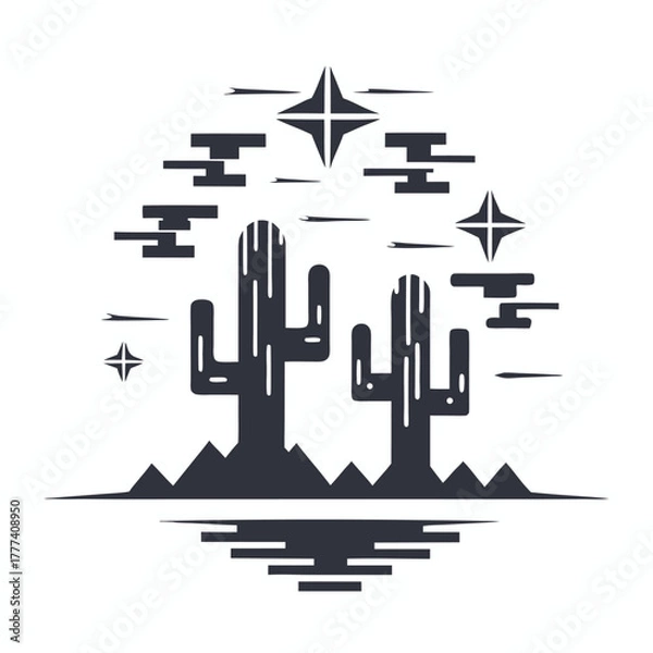 Fototapeta Simple Two Cacti Silhouette with Starry Sky on White Background Design