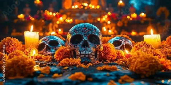Fototapeta Bright and Festive Día de los Muertos Celebration | Colorful Day of the Dead Artwork with Traditional Elements | Vibrant Mexican Holiday Scene with Sugar Skulls and Flowers | Joyful Día de Muertos