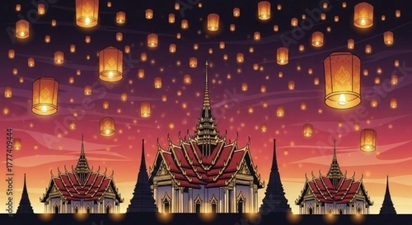 Obraz Spectacular Buddhist Temples Illuminated by Floating Lanterns: A Cultural Celebration of Light and Faith Under a Beautiful, Colorful Sunset Sky,