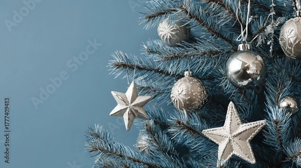 Fototapeta 青い背景に装飾が施されたクリスマスツリー。