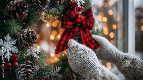 Fototapeta ウールの手袋をはめた手で、花輪に赤いリボンを掛けています。