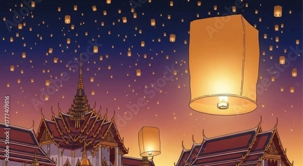 Obraz Spectacular Sky Lanterns Rising Above Grand Palace at Dusk, A Colorful Thai Cultural Festival Illustration, Featuring the Illuminated Thai Landmark