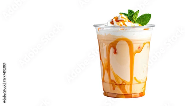 Obraz Caramel drink in plastic cup, topped with whipped cream and mint