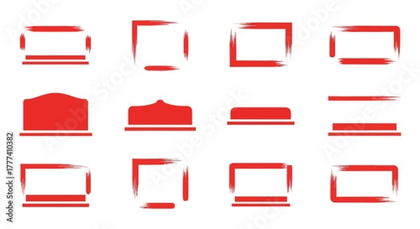 Fototapeta Twelve red brushstroke bordered rectangular and arched shapes are arranged in a 3x4 grid