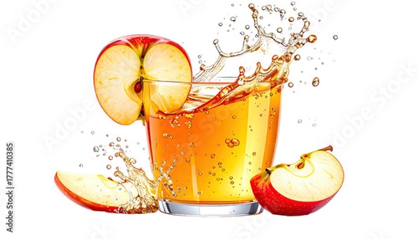 Obraz Apple juice splashing in glass w/ sliced fruit accents around