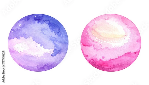 Fototapeta Two watercolor orbs in violet and pink isolated on black