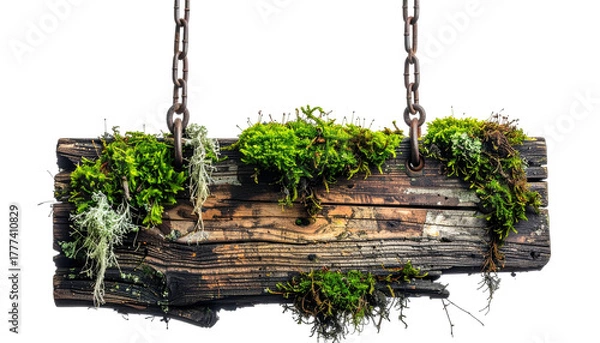 Fototapeta Mossy weathered wood sign hanging from chains against black