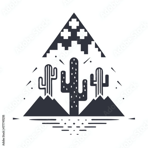 Fototapeta Stylized Desert Landscape with Cacti, Mountains, and Geometric Triangle Shape