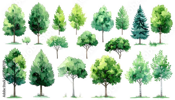 Obraz Watercolor-style tree variety, greens, natural. Isolated