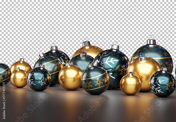 Obraz Isolated Christmas Baubles on Dark Background. Gold and Dark Blue Colors