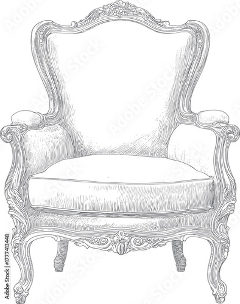 Obraz Vintage engraving of an ornate classic armchair — elegant baroque line art furniture element in black, gray, white tones.