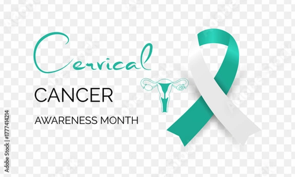 Fototapeta Cervical Cancer Awareness Month promotes prevention and early detection. Support women’s health with teal and white ribbons and awareness campaigns. Banner poster background design template. Vector.