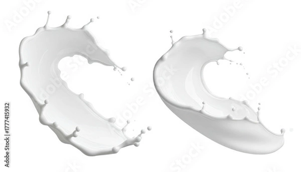 Fototapeta Two white liquid splashes, curved shapes against black backdrop