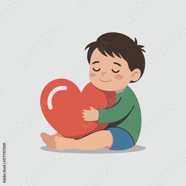 Fototapeta Child hugging heart flat vector illustration minimal clean design white background