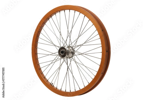 Obraz Isolated classic bicycle wheel featuring a wood rim and thin spokes for vintage appeal
