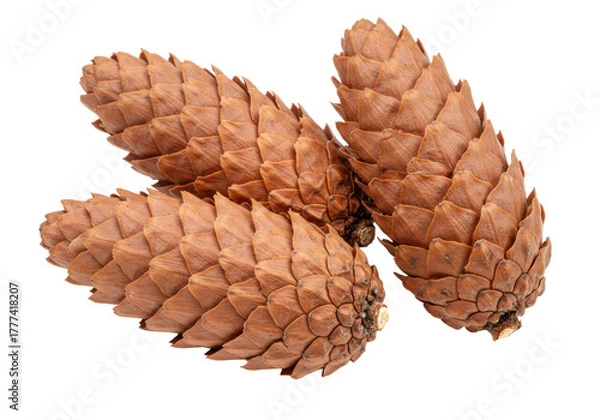 Obraz Isolated group of brown pine cones in nature, evergreen tree seed, plant and forest item