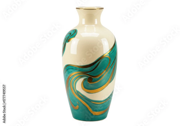 Obraz Isolated art vase with green and gold swirls, ornate pottery vase, decorative design